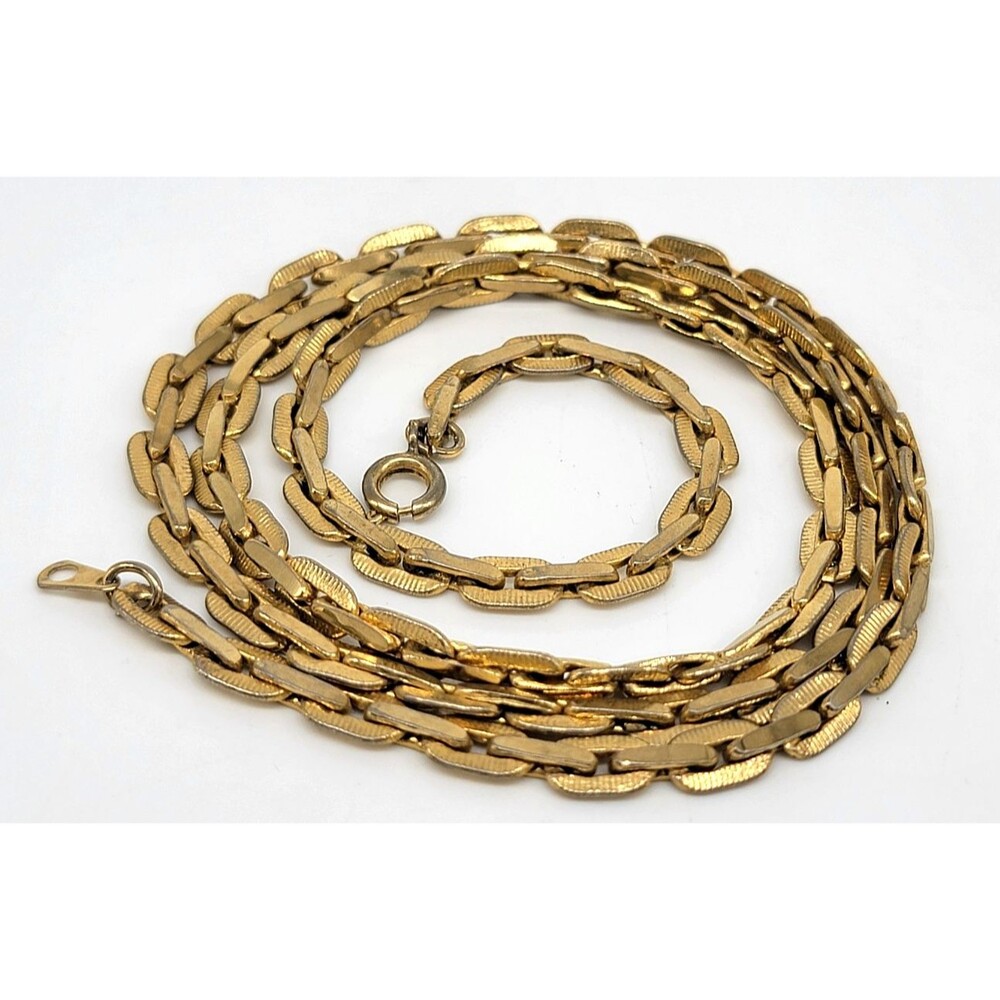 Gold Tone Metal Textured Link Chain Necklace Single Strand Vintage 24" Shiny!
